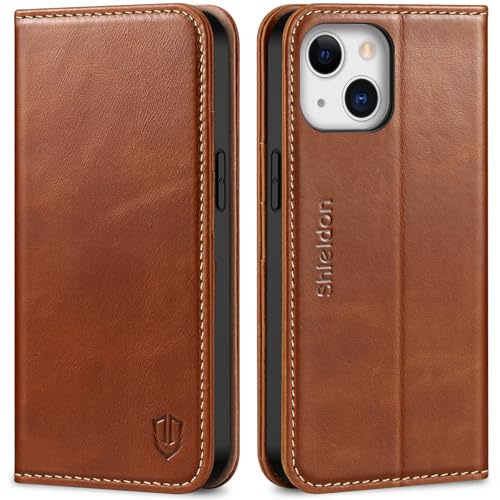 SHIELDON Hülle für iPhone 13 Handyhülle 5G [Echtleder] [Kartenfach] [Magnet] [Standfunktion] [RFID-Sperre] Schutzhülle TPU Lederhülle Case Kompatibel mit iPhone 13 6.1 - Retro Braun