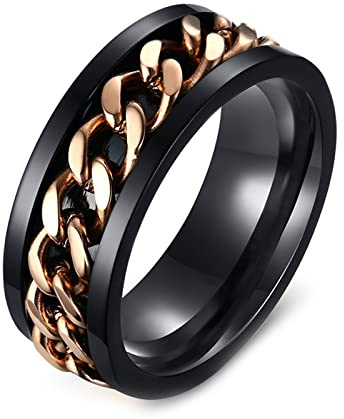 AMDXD Verlobungsring Vintage 8MM, Freundschaft Ringe Edelstahl Anxiety Ring Spinner Ringe für Männer, Schwarz Rose Gold, Gr.60 (19.1)