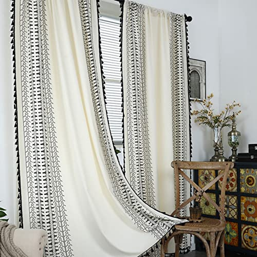 USTIDE Bohemian Semi-Blackout Curtains Ethnic Geometric Curtains Black and White,86 Inches Long,2Panels