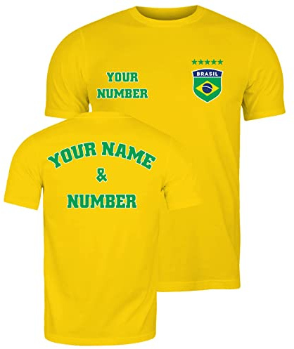 lepni.me Maglietta Personalizzata da Uomo in Cotone | T-Shirt Calcio con Il Tuo Nome e Numero | Brasile Football 2026 (L Giallo Multicolore)