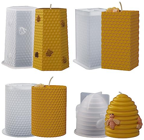 Bekecidi 4 Stück Bienenwaben Kerzenformen aus Silikon, Stumpenkerzenformen für die Kerzenherstellung, Epoxidharzformen, Zylinderkerzenformen für die Herstellung von 3D-Kerzen Seifen Wachs Handwerk