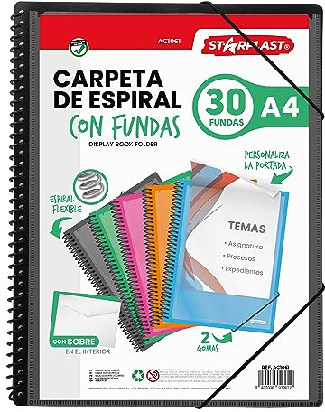 Starplast Dossier Pochettes spiralées flexibles - 30 pochettes transparentes, A4, fermeture élastique, couverture en polypropylène, personnalisable, utilisation scolaire et de bureau - noir