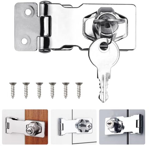 ADERTOS Keyed Hasp Lock Hasp and Staple with Padlock, Heavy Duty Shed Lock Door Lock Hasp Twist Knob Keyed Locking Hasp Safety Door Clasp Gate Lock with Key for Cabinets Cupboard Drawer Gate (3 Inch)