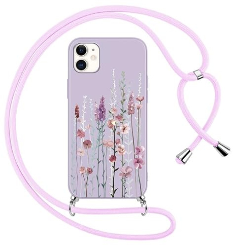 Foonary Handyband Hülle mit Band für iPhone 11 6,1 Handyhülle, Blumen Lavendel Design Kette Necklace Case mit Kordel zum Umhängen Silikon Bumper Schutzhülle Cover Schnur für iPhone 11