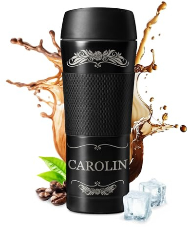 Maverton Thermobecher mit Gravur 450 ml - Kaffeebecher mit Anti-Rutsch-Griff und Quick-Press-Verschluss - Edelstahl Reisebecher auslaufsicher 100% dicht - für Frauen zum Geburtstag - schwarz - Vorname