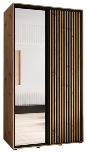 ABIKSMEBLE Sapporo 2 Armoire Moderne à Deux Portes Coulissantes avec Miroir, Barre, Étagères - Armoire de Rangement pour Chambre, Salon - 205,2x130x60 cm - Artisan Noir Artisan