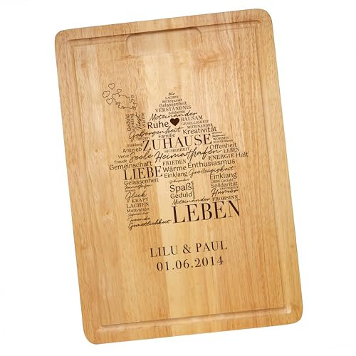 Schneidebrett mit Gravur, Servierbrett mit Haus aus Worten Motiv, Personalisiertes Grillbrett mit Wunschtext, Holz Küchenbrett, Holzbrett mit Saftrille, Brotzeitbrett, Hackbrett, Großes Schneidbrett