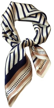 JERLA 100% Pure Mulberry Silk Square Scarf for Hair-27''x27'' Women Men Natural Silk Neckerchief Headscarf (Blue and coffee geometry stripe)