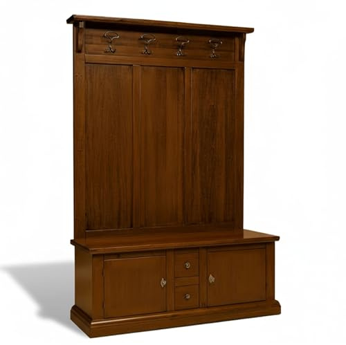 Mar.c.a. Design - Mobile Ingresso Arte Povera con Cassapanca e Appendiabiti 121x45x185h cm - Parete Attrezzata Noce Scuro in Legno Massello di Pioppo
