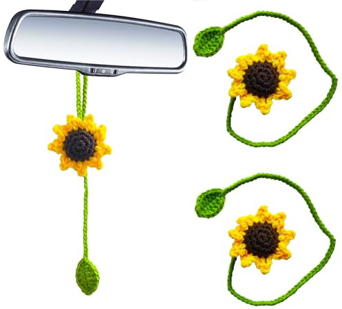 TINGWEN 2 Stück Auto Rückspiegel Ornament Auto Rückspiegel Anhänger Autospiegel Anhänger Autozubehör zum Aufhängen Baumwollfaden zum Stricken Für Autospiegel, Handtasche Dekoration (Sonnenblumen)