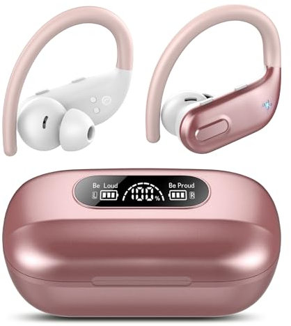 IKT Wireless Earbuds, Bluetooth 5.3 Headphones Wireless with 4 ENC Noise Canceling Mic, 80Hrs LED Display Over Ear buds with Earhooks, Deep Bass Wireless Earphones, IPX7 Waterproof for Sport(Rose)