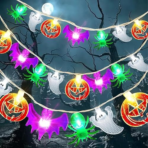 Halloween Lights, 40 LED 3D Pumpkin Bat Ghost Battery Operated String Lights with Timer - 8 Lighting Modes Fairy Lights for Home Door Window Porch Decor Indoor Outdoor Halloween Party Decorations
