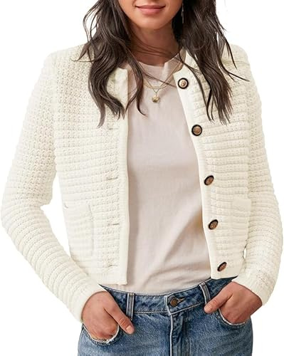Saodimallsu Damen Kurz Strickjacke Langarm Cardigan Rundhalsausschnitt Knopfleiste Strickweste Vintage Trachtenjacke Elegante Oberteil mit Taschen Weiß XL