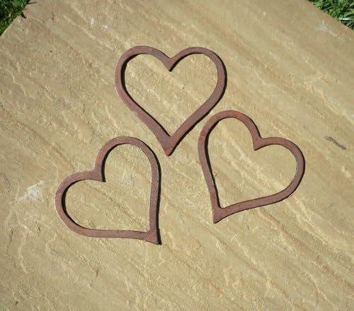 Really Raw Creations Rusty Metal Hearts x 3 Garden Ornaments, Rusted Steel Garden Art Decor, Rustic Metal Hanging Heart Decorations