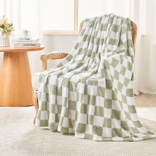 EMME Rutig filt queen size – 203 cm x 228 cm grön stickad filt mjuk fluffig mönstrad filt för soffa, soffa, stol, säng, camping, picknick, resor