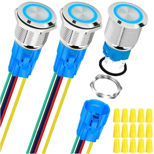 MKBKLLJY Interruttore a pulsante autobloccante DC 12 V 5 A, in acciaio inox, impermeabile, anello LED blu per foro di montaggio da 0,63 con tappo di cablaggio per auto
