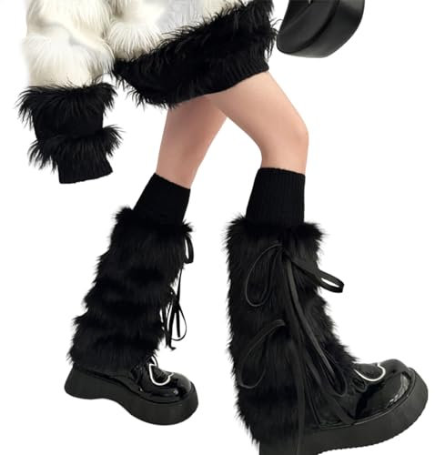 Wjsdsg Damen-Beinstulpen, Plüsch, weiß, japanische Schleife, Winter, warm, pelzige Stiefel, Beinstulpen, Schwarz , Einheitsgröße