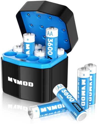 MVMOD Wiederaufladbare Lithium Akkus AA 12-Pack mit Ladegerät, 1,5V 3600mWh AA Wiederaufladbare Batterien mit Integrierter Schnelles Aufladen Aufbewahrungsbox (12er-Pack) Blau