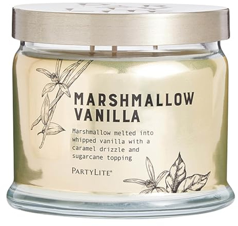 PartyLite Duftkerze im Glas, Marshmallow-Vanille mit Karamell- und Zuckerrohrnoten, 374 ml, 375 ml, 45 Stunden Brenndauer, luxuriöser Duft, ideal zum Verschenken