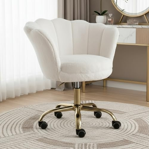 chairus Homeoffice stol, snurrstol av fuskpäls skrivbordsstol höjdjusterbar kontorsstol med blombladsryggstöd, guldpläterad bas fåtölj för sovrum/toalettbord, vit