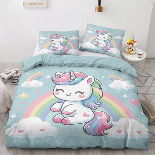 NOGAWA Unicorn Rainbow Emperor Duvet Cover - Cartoon Bedding Set - Reversible Quilt Cover & 2 Pillowcases with Zip and Ties, Ultra Soft and Non Iron Brushed Microfibre Bed Set
