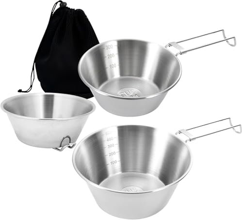 KATLKIU Set di 3 Ciotole da Campeggio Pieghevoli in Acciaio Inox 304 – Leggere e Portatili con Manico Pieghevole, Ideali per Escursionismo, Picnic e Attività Outdoor