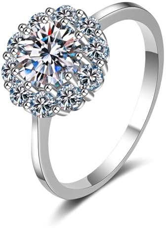 Ringe Frauen Zart, Verlobungsring Damen Fantasy 18 Karat (750) Weißgold Blume mit 1 Karat Weiß Rundschliff Laborgewachsener Diamant Größe 57 (18.1)