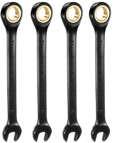 QUARKZMAN 4Pcs Llave de Trinquete 14mm Métrica de Boca Abierta 72 Dientes Acero CR-V Niquelado Llave Combinada de Trinquete para Tuercas y Pernos