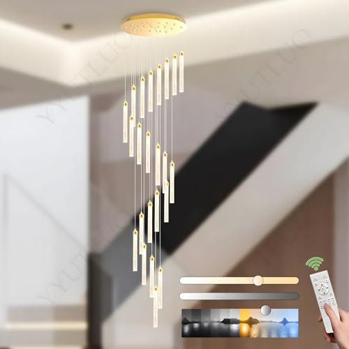 YYUTLUO LED-Kristallleuchter In Gold, Moderne Pendelleuchte Mit Blasensäule, Dimmbar Mit Fernbedienung, 23 LED-Lichtquellen = 138W, 300cm Hängelampe, Diy-Höhenverstellbar, Wohnzimmer Treppenhaus Büro