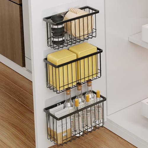 Mustorn 3 Stück Küchenschranktür-Aufbewahrungsbox，Selbstklebende Küchenschranktür Organizer Tupperdosen Organizer Wandmontierter Organisator Korb Küche Behälter Klein Ohne Bohren(Schwarz)