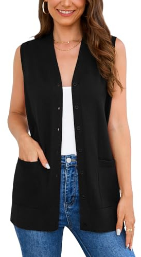 Veryoung Damen 2026 ärmellose Strickjacke mit Knopfleiste, modisch, lässig, weich, gestrickt, Bürowesten mit gemütlichen Taschen, A01, schwarz, ärmellos, mit Knöpfen, X-Large