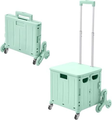 The Fellie Lightweight Stair Climber Foldable Shopping Trolley, 65L Shopping Cart on 8 Wheels, Portable Crate Handcart with Adiustable Telescopic Aluminium Handle and Lid Grocery Trolley(45kg, Green)
