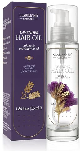 CLARIMOND Aceite de Lavanda para el Cabello, 55 ml, aceite de jojoba, macadamia y aloe, suero antiencrespamiento, protección contra el calor y cuidado profundo, aceite para el cabello ligero.