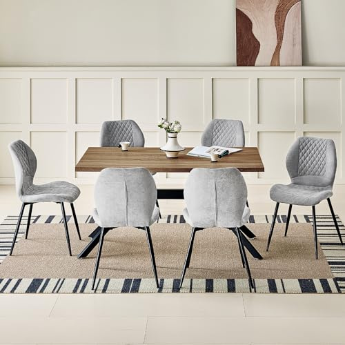JIJIAN Essgruppen mit Dunkelbraun Holz Esstisch und 6 Grauer Stühle | Rechteckiger Esstisch in 140 x 80 x 76 cm mit 6 Ergonomischer Design Leinen Esszimmerstühle, für Esszimmer, Küche, Wohnzimmer