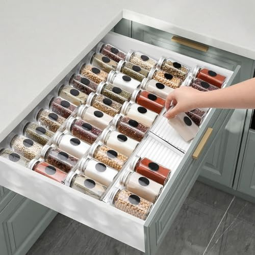shaojian Spice Drawer Organiser Clear Plastic Seasoning and Spice Rack 4 Tier Expandable, Large Capacity Slanted Adjustable Seasoning Jars Storage Tray Insert for Kitchen Drawer(2 Set-8pcs)