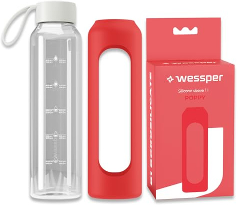 Wessper Trinkflasche aus Glas mit Silikonhülle, Borosilikatglas Flasche mit Zeitmarkierung 1liter, Sportflasche Ideal für Fitness, Schule Sport, Kinder- Rot