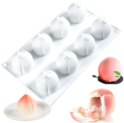QIUMING Molde de silicona con forma de frutas fresa de mousse de silicona Molde para Tarta de melocotón fácil de desmoldar Moldes de Chocolate postres pudín Pastel Mousse (8 cavidades，melocotón)