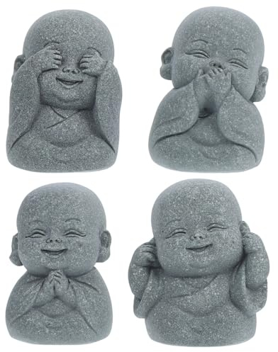 DIYEAH 4pcs Mini Zen Monk Figurines Set for Home Decor, Small Stone Gray Buddha Statues Tabletop Sculpture Ornaments for Indoor Garden and Desk Display