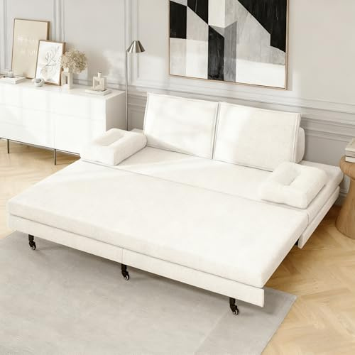 KRYZOR Tagesbett Ausziehbar 90/180x200 cm, Schlafsofa 2 sitzer, Bettsofa mit schlaffunktion, Daybett Polsterbett Jugendbett Ausziehbett mit matratze und lattenrost, Leinen (Weiß, 90/180x200 cm)