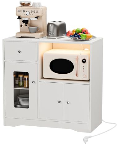 Urhause Credenza angolare con stazione di ricarica (2 AC/2 USB), credenza da cucina in legno, un cassetto, due ante, scomparto per microonde, armadio a buffet con illuminazione per cucina e soggiorno