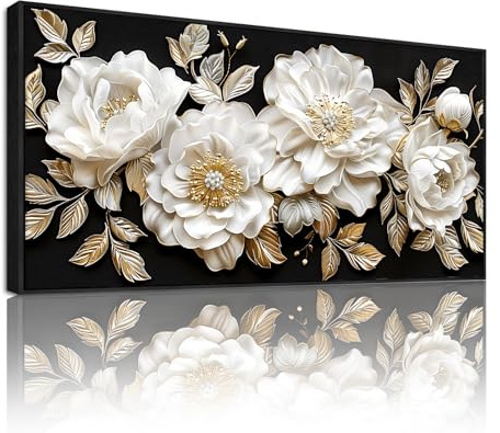 SERIMINO Aesthetic Wandbild mit Rahmen Blume Leinwand Bilder Groß 60x120 cm | Weißes Blüten Wanddeko, Hochauflösender Druck, Massivholzrahmen, Einfache Montage, Mehr Größen, Vielseitig Einsetzbar