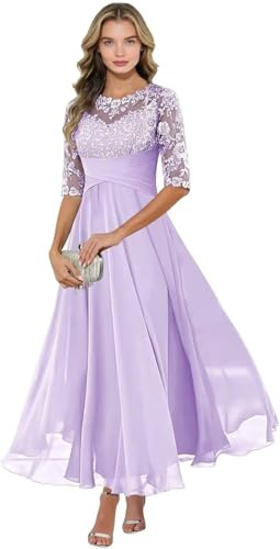 Robe de mère de la mariée en mousseline de soie avec appliques en dentelle et manches mi-longues, robe formelle d'invité de mariage