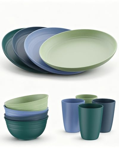 HOMGEN Service de table en plastique, 12 assiettes de pique-nique et tasses légères, incassables, adaptées au lave-vaisselle, service de table de camping, pour la maison, les pique-niques, etc