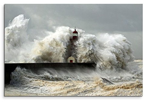 Paul Sinus Art Leinwandbild 120x80cm Landschaftsfotografie – Leuchtturm im schweren Sturm