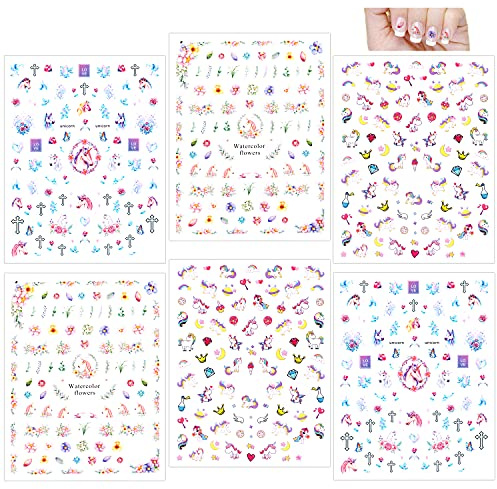 Howaf Einhorn 3D nagelsticker selbstklebend (500+ Design), Einhorn Nagelaufkleber Nail Art Sticker Nagel Abziehbilder für Mädchen Mitgebsel Kindergeburtstag geschenktüten DIY Nagel Kunst Dekoration