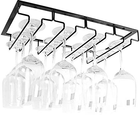 FIAMER Unter-Schrank Weinglashalter, Metall Gläserhalterung für Stielgläser, Hängender Weinglasregal für Küche, Bar und Restaurant (Black, 4 Rows 1 Pack)