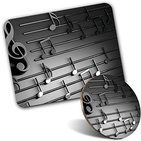Rectangle Mouse Mat & Round Coaster Set - 3D Musical Notes Music Teacher Student 20 cm & 9 cm for Computer & Laptop, Office, Gift, Non-slip Base #14851