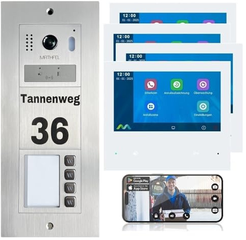 Mathfel 2-Draht-Bus WLAN Video Türsprechanlage - Personalisierte Außenstation inklusive Gravur, ideal für 4 Familienhäuser, mit 4x7'' Monitoren