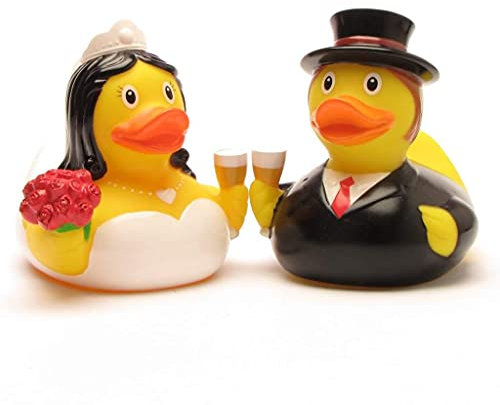 Duckshop I Badeenten Brautpaar I Quietscheenten I L: 8 cm - inkl. Quietscheentchen-Schlüsselanhänger im Set I Geschenk Hochzeit I Präsent Sammler