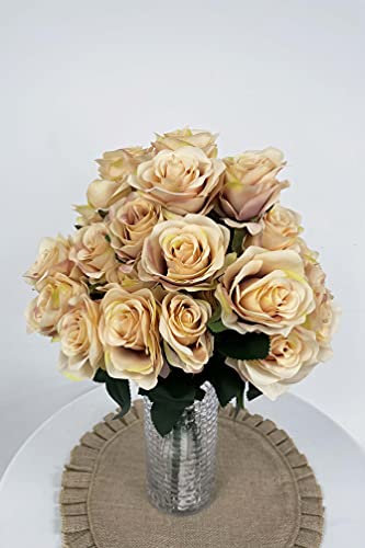 Decor Essentials Artificial Silk Rose Flower Bouquet With Stems No 12 Wedding Decor Floral Backdrop Events Bridal Home Foliage (Champagne)